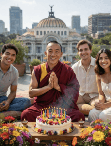 Gueshe Tsering Norbu realizando ceremonia de cumpleaños con bendiciones en Ciudad de México